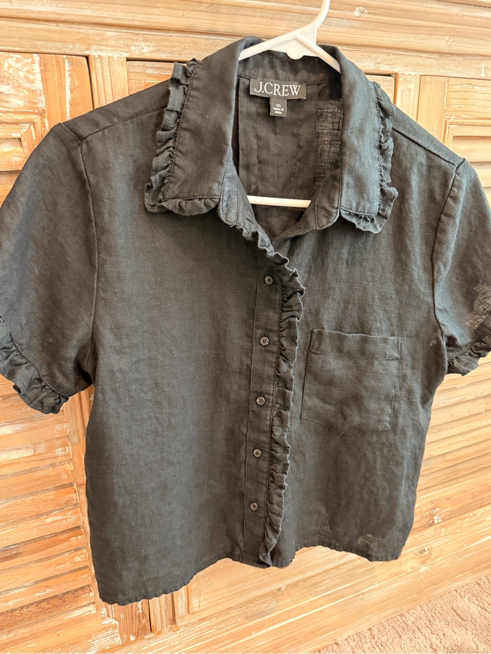 J. Crew Black 100% Linen Ruffle Trim Short Sleeve Button Up Shirt (Size XS) - Picture 2 of 11